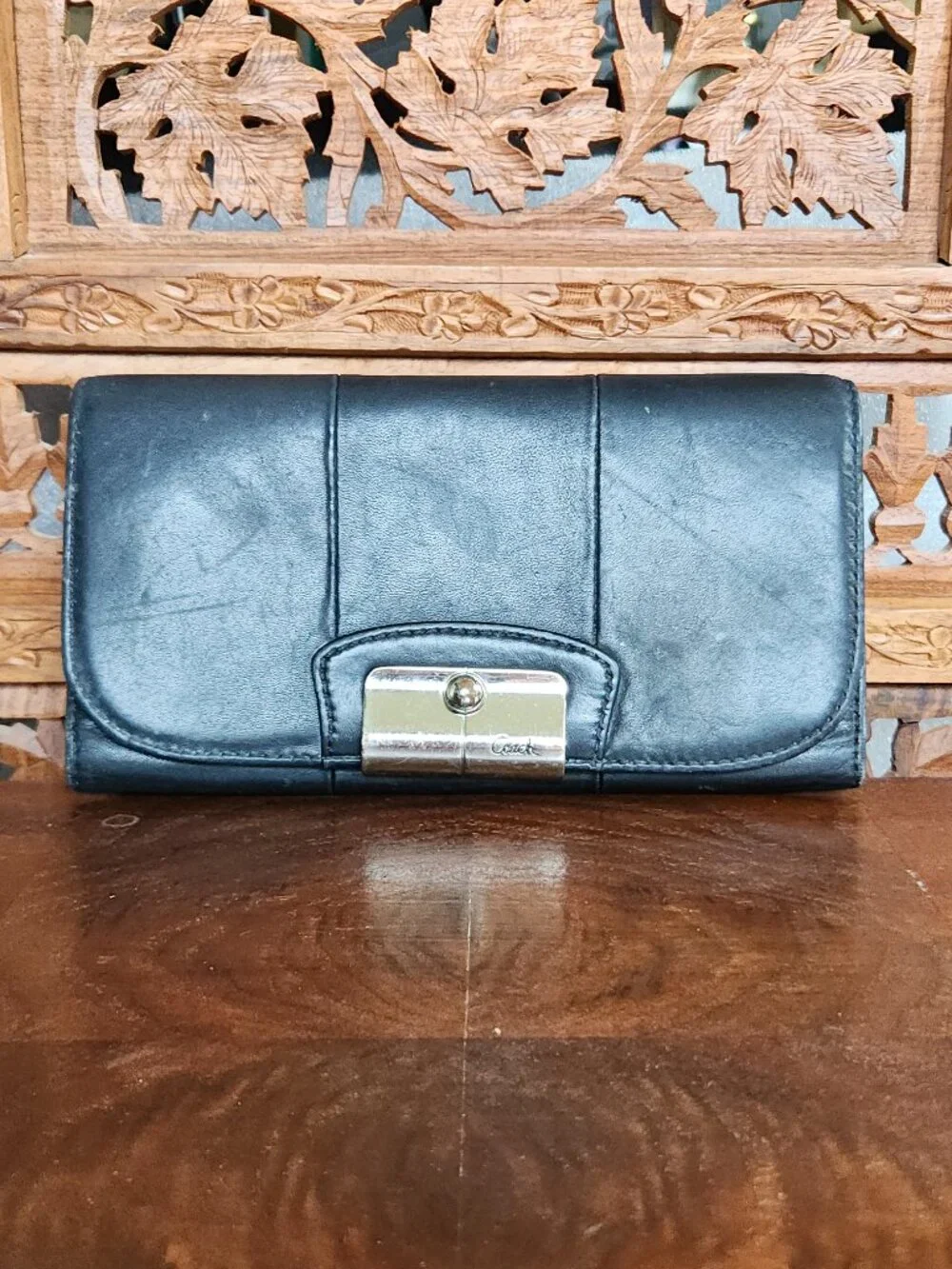 Coach Black Tri-Fold Wallet with Lavender Interior